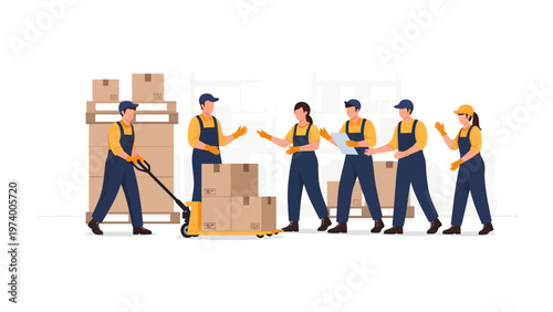 Warehouse Team Logistics: A group of warehouse workers coordinating the handling and organization of packages and inventory, ensuring smooth operations in the warehouse setting.
