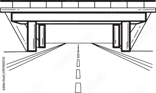 Bridge overpass perspective view showing modern highway infrastructure with road markings and concrete support columns in linear drawing style