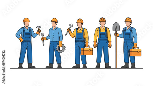 Construction Crew Lineup: A skilled construction crew stands ready, each member armed with essential tools and gear, symbolizing teamwork and readiness for any construction challenge.