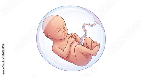 3D Isometric Human Fetus in Amniotic Sac Vector Illustration, Medical Embryology Concept