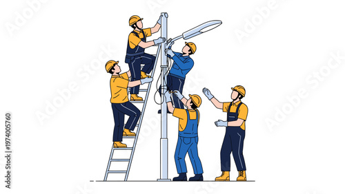 Construction Team Assembling Street Light: A group of skilled workers collaborate on installing a street light, demonstrating teamwork, precision, and dedication to their craft.