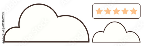 Quality assurance, customer feedback, digital storage, cloud computing, rating systems, user experience. Two cloud shapes and a five-star rating. Quality assurance and customer feedback concepts