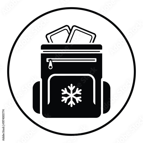 Black and white icon of backpack with snowflake design and two items inside  travel and winter concept icon