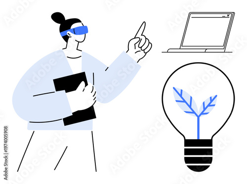 Virtual reality, renewable energy, technology, sustainability, education, creativity. A person in VR goggles, a laptop and a light bulb with a plant inside. Virtual reality and renewable energy