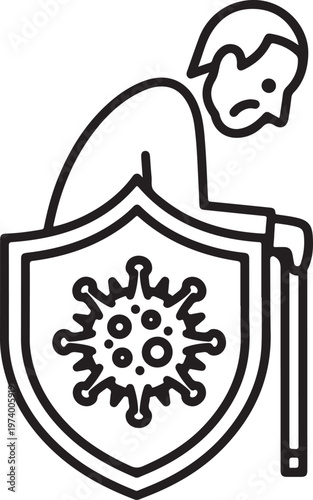 Elderly person protected by shield against virus, concept of senior health care and immunization protecting against pandemic disease