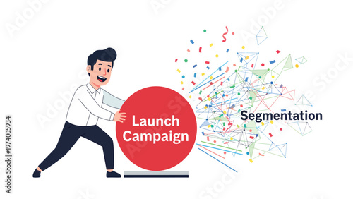 Businessman launching campaign, triggering colorful data segmentation and market analysis concept
