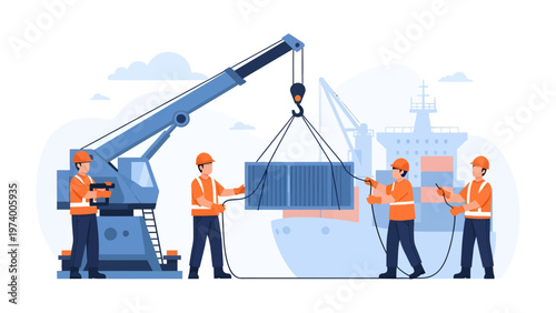 Cargo Handling: A graphic representation of workers diligently coordinating the lifting of a cargo container by crane onto a ship, signifying global trade and logistics.