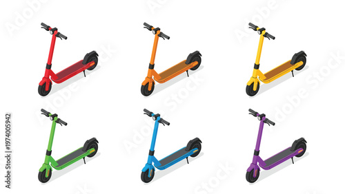Isometric Electric Scooters Set in Six Vibrant Colors: Red, Orange, Yellow, Green, Blue, Purple on White