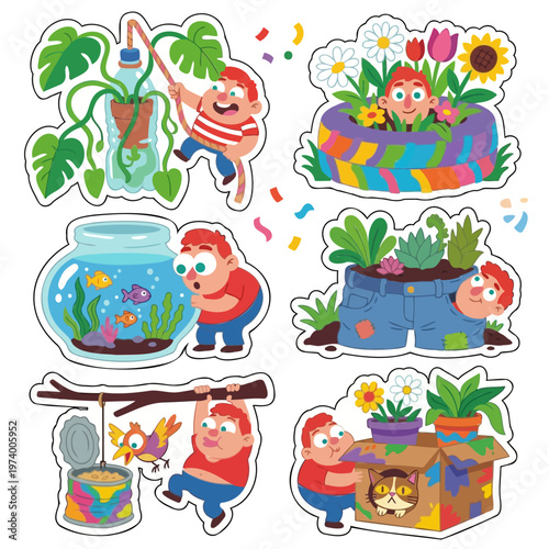 Creative collection of six cartoon style vector sticker illustrations featuring trash reimagined as art and eco-friendly upcycling projects for environmental awareness and sustainability