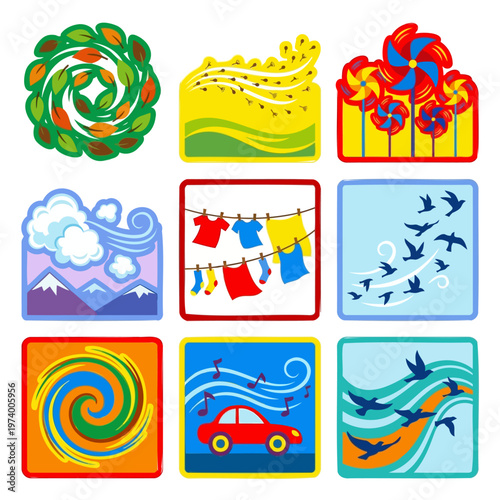 Versatile collection of nine square vector sticker icons with distinct colors and designs featuring wind elements like leaves waves clouds clotheslines and birds for graphic design art