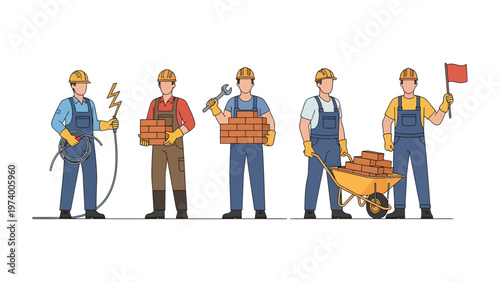 Construction Crew at Work: Illustrative of a robust construction crew in a series of collaborative poses, each member embodying a different specialized role within the construction trade.
