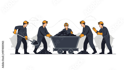 Coal Mining Team at Work: A group of diligent miners working in the mine. Using a shovel to add the coal into the mining car. Shows team work and hard work
