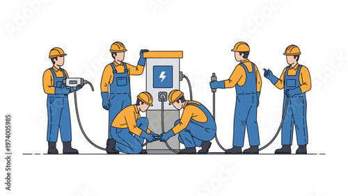 Electric Vehicle Charging Station Installation: A team of skilled technicians diligently installs an electric vehicle charging station.