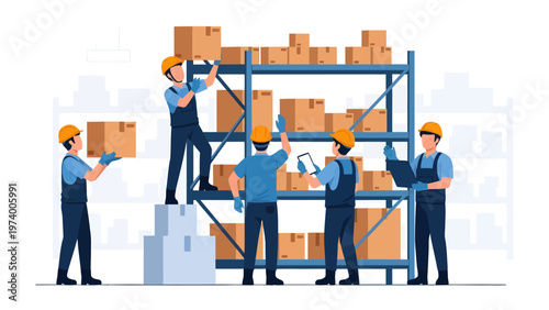 Warehouse Harmony: Dedicated workers efficiently organize and arrange cardboard boxes on industrial shelving, embodying precision and teamwork within a modern warehouse environment.