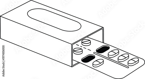 Black and white line drawing of a medicine box with pills icon