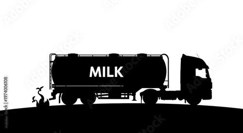 Clean black and white silhouette of a heavy duty milk tanker truck with 'MILK' displayed on its side, symbolizing dairy transportation and essential industrial logistics