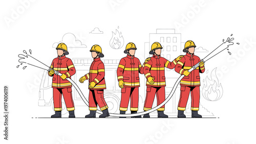 Firefighters in Action: A determined team of firefighters works together to battle a raging inferno, demonstrating bravery and coordination amidst the chaos. 