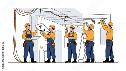 Electricians at Work: Electricians install wiring and electrical components in a building, ensuring safety and functionality. They meticulously connect wires, install light fixtures.