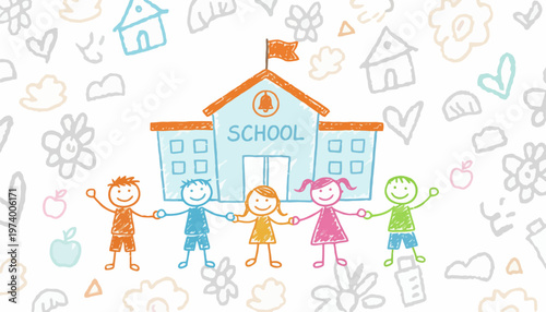 Happy children standing in front of a school building with colorful illustrations