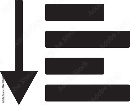 Minimalist graphic icon featuring thick black downward arrow adjacent to horizontal bar chart elements for data visualization purposes