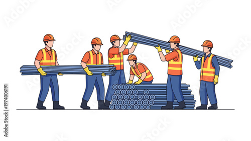Construction Crew Collaboration: A group of construction workers, dressed in safety gear, working collaboratively to move and organize steel beams on a construction site. Symbolizing teamwork, labor.