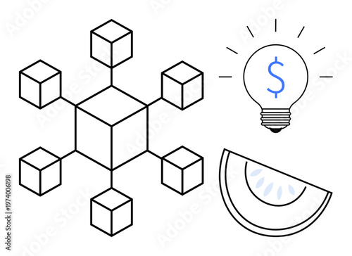 Blockchain technology, innovation, financial strategies, decentralized networks, creative solutions, data visualization. Geometric cubes, bright lightbulb and a segmented slice graphic. Blockchain