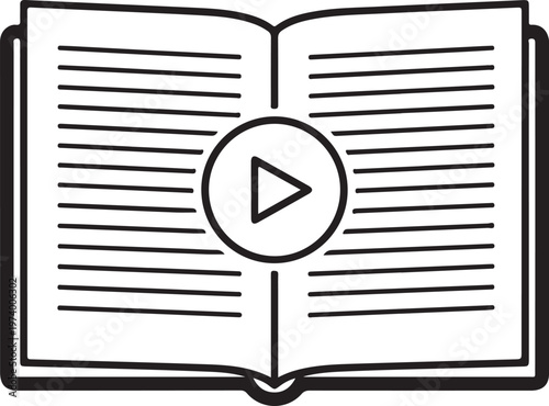 Open book with a play button symbol inside, representing digital learning, audiobooks, or online education content