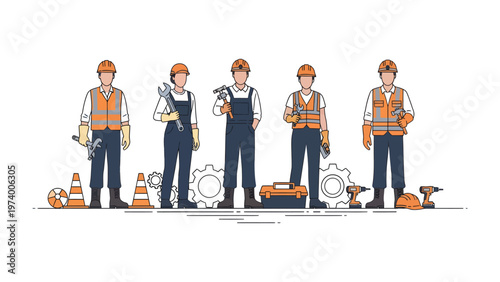 Construction Crew: A team of construction workers stand confidently, each holding a different tool, ready to build and create. This image symbolizes skill, collaboration.