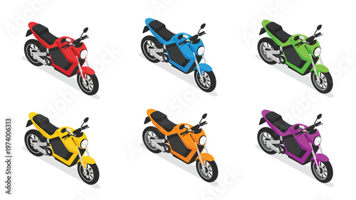 Colorful Isometric Electric Motorcycles Set. Modern E-Bikes Vector Collection for Eco-Friendly Transport Design.