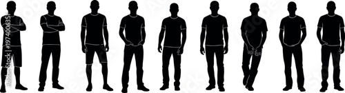 Male Silhouette Collection with Various Standing Poses and Casual Outfit Styles for People, Social Characters, and Lifestyle Vector Illustration Set