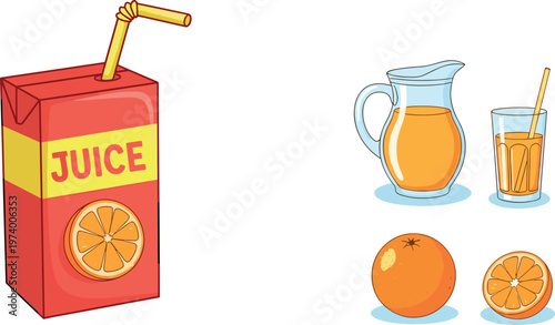 Juice Carton with Straw and Orange Drink Set Featuring Glass, Pitcher, and Fresh Citrus Fruits for Beverage Illustration and Packaging Design
