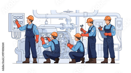 Engine Maintenance Team at Work: A group of skilled engineers meticulously inspect and maintain intricate machinery, demonstrating expertise and precision within an industrial setting.