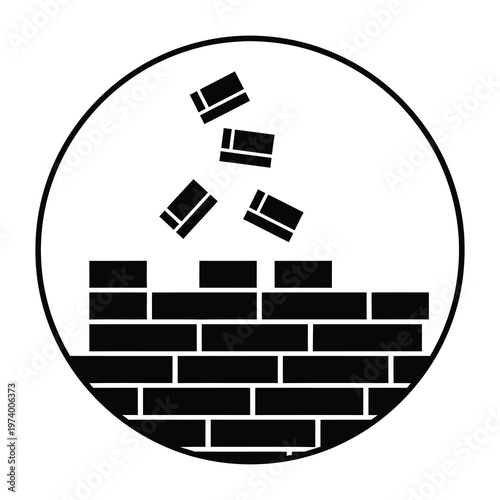 Black bricks falling from brick wall in circle icon icon