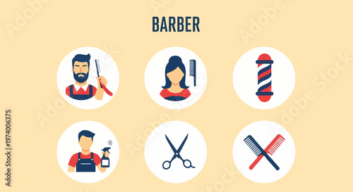 Modern Flat illustration of Barber shop icons with tools.