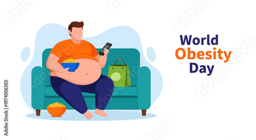 World Obesity Day Illustration with Overweight Man Sitting on Sofa Eating Unhealthy Snacks and Watching TV
