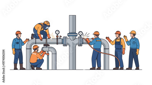 Industrial Professionals at Work: A team of skilled industrial workers collaborate on a complex pipeline system, showcasing expertise in welding and maintenance to ensure efficient functionality.
