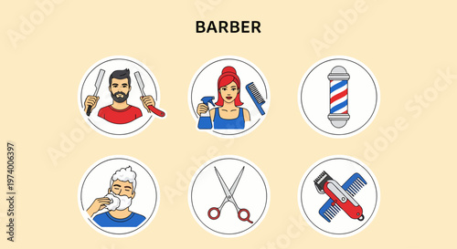 Barber shop icons with various tools.