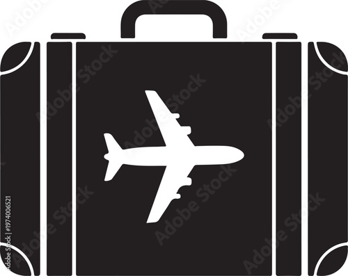 Suitcase travel icon featuring airplane silhouette symbol on baggage luggage for international flights and vacation trips in black flat style