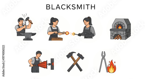 1 set icon of Blacksmith at work with tools.