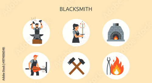 Modern Flat illustration of Blacksmith working with hot metal tools.