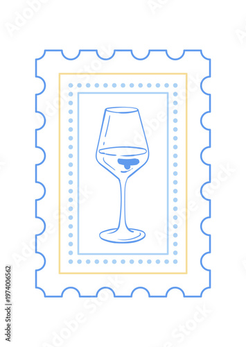 Cute whimsical wine glass doodle. Minimalist drink icon as simple sketch. Linear hand drawn stamp frame as soft blue and yellow background, perfect for cafe menu or wine bar card and playful