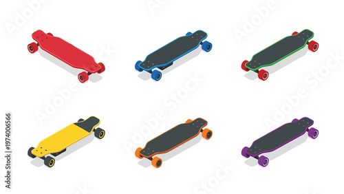 Colorful Isometric Longboard Set with Various Deck and Wheel Colors. Flat Design Vector Illustration.
