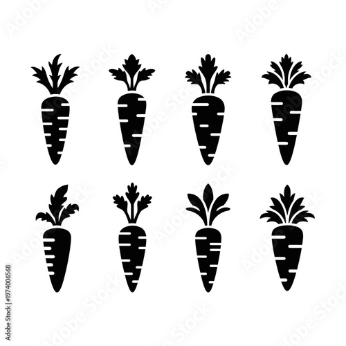 Set of black carrot icons on white background. Vector illustration of root vegetables.