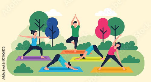 Group of Diverse People Practicing Yoga in Public Park Vector Illustration. Outdoor Fitness Class with Men and Women Doing Various Yoga Poses for Wellness and Healthy Lifestyle.