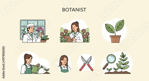 Modern Flat illustration of Botanist Examining Plant Specimens Carefully.