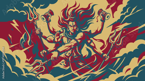 Hindu god Shiva dances energetically with multiple arms amidst swirling flames and clouds.