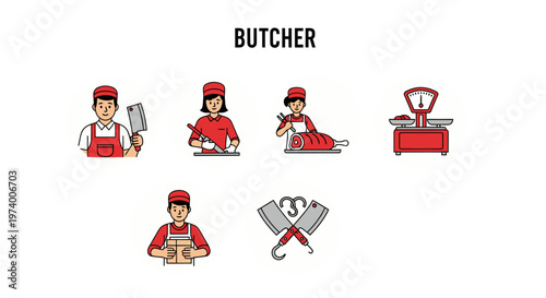 Icon Set Butcher in various work positions.