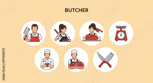 Butcher shop worker with knives.