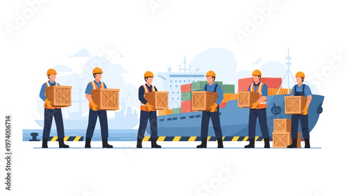 Shipping Workforce at the Harbor: A dedicated workforce, clad in safety gear, efficiently loads cargo onto a colossal ship, embodying the essence of logistics and maritime trade.