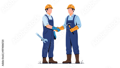 Construction Handshake: Two construction workers in hardhats, shaking hands in a symbol of agreement and collaboration on a construction site.